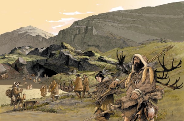 Camp magdalénien au pied du Salève vers 13 000 avant J.-C. (dessin d'André Houot)