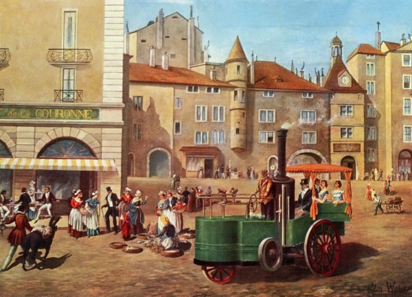 Place du Lac. Locomotive routière à vapeur (v. 1866)