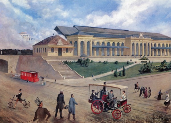 Place Cornavin, voiture à vapeur (v. 1887)