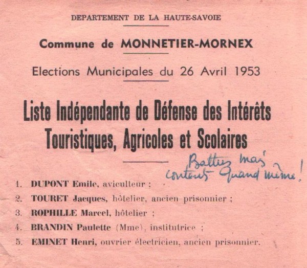 Bulletin de vote de Monnetier-Mornex (1953)