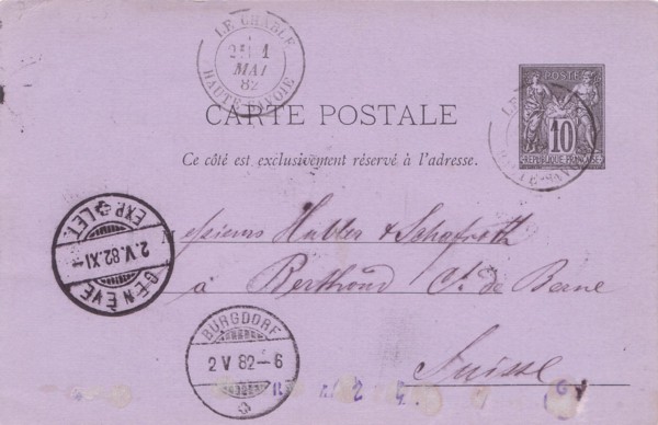 Courrier de 1882 de la Manufacture du Châble
