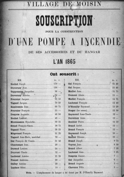 Souscription pour la pompe à incendie de Moisin (1865)